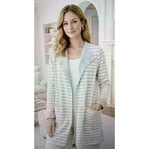 Loft reversible Sweater Gray White Striped Cardigan Waterfall Cotton medium NWT